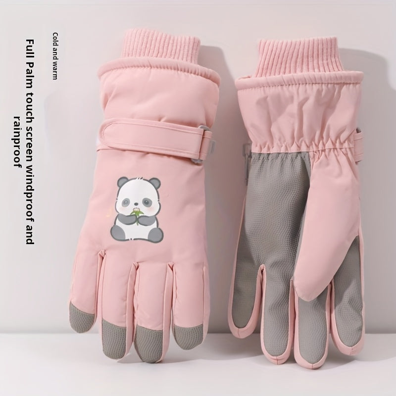 1 Pair Women'S Winter Ski Gloves, Cute Panda Design, Touchscreen Compatible, Polyester Thermal Lining, Velvet Palm, Magic Tape Closure, Hand Washable, Weather-Resistant